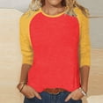 thumbnail image 3 of T-Shirts à Manches 3/4 pour Femmes - Blouse Ample Décontractée Style Baseball, T-Shirts pour Dames, Chandail Raglan Trois Quarts, T-Shirt à Blocs de Couleur à Col Ras du Cou, Hauts d'Été à Manches Courtes Style Casquette, Jaune TG, 3 of 7