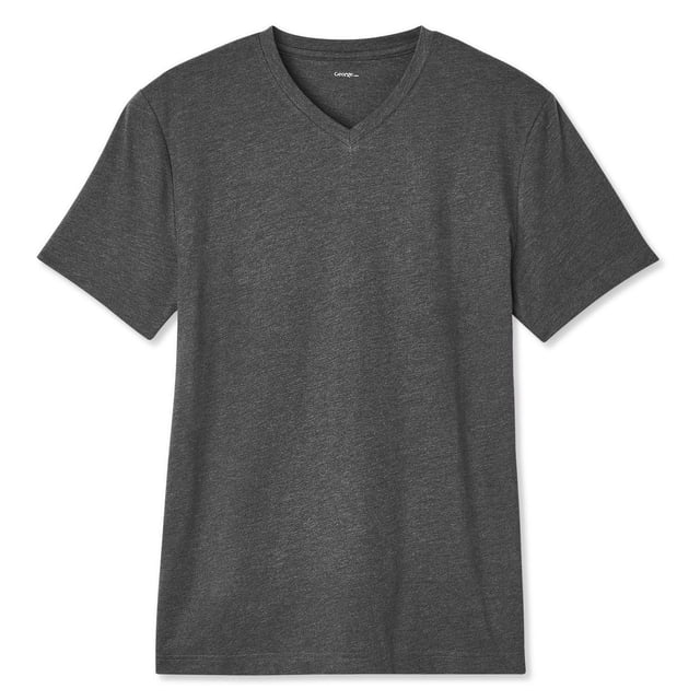 George Men's Stretch V-Neck Tee in grey, front-facing with short sleeves and straight hem, made from a soft cotton blend of 95% cotton and 5% spandex, featuring a V-neck collar suitable for casual everyday men's wear.