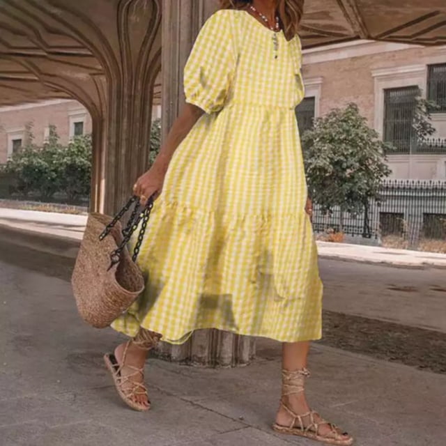 SMihono Robes Bohèmes d'Été Femmes Grande Taille Mode Femmes Manches Courtes Col 0 Été Décontracté Ample Grande Taille Robe à Carreaux