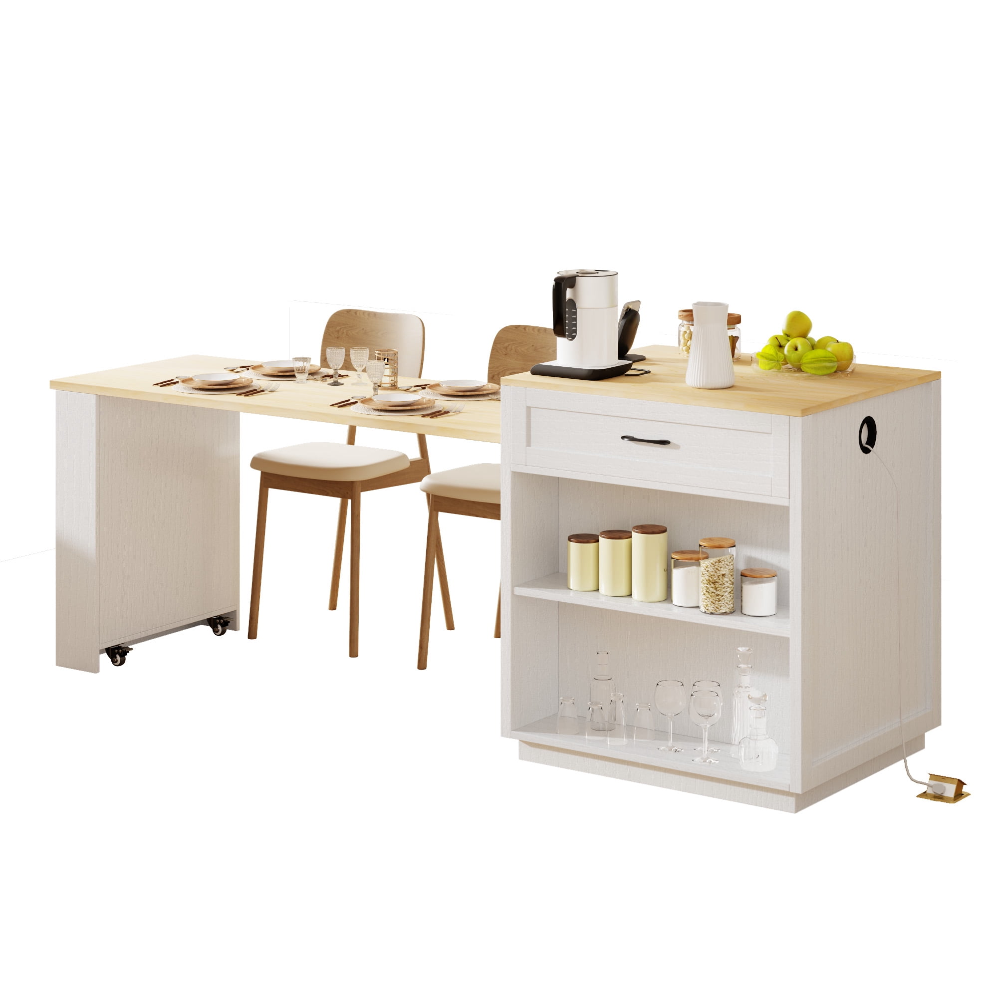 Homy Casa Kitchen Island with Expandable Table, Storage, Power Outlets, White, 82.7"