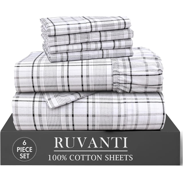 Ruvanti 6 Pcs Cotton Sheets - 100% Natural Cotton Soft, Lightweight & Breathable Crispy Percale King Size Bed Sheets Set, 16" Deep Pockets, Open Check