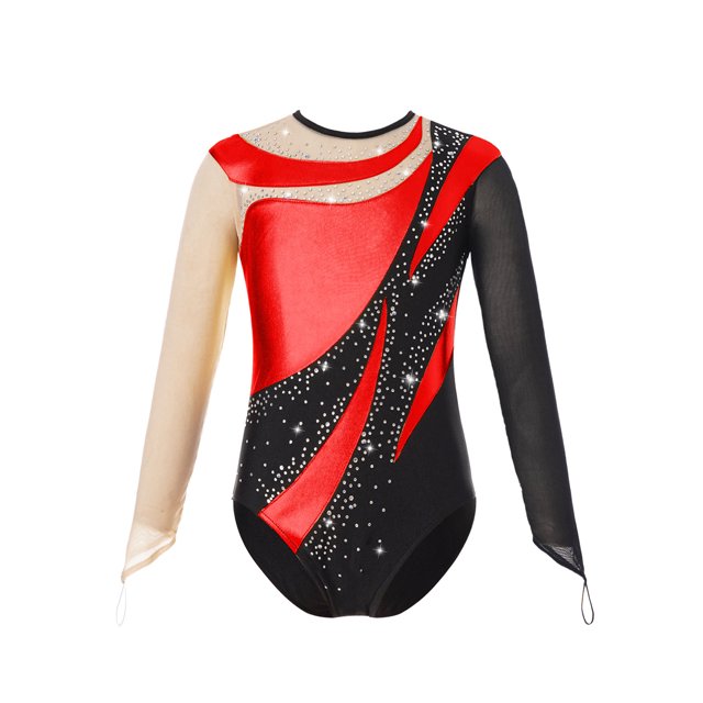 Moggemol Kids Girls Gymnastic Leotard Long Sleeve Metallic Rhinestone Dance Skating Unitard Bodysuit Red 14