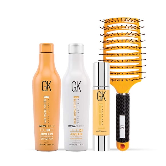 Global Kératine GK Hair Shield Duo Shampooing et Revitalisant (240 Ml/ 8,11 fl. oz) / Sérum Capillaire à l'Huile d'Argan Biologique 50 ml Brosse I Vent (2,5 Po) Manche en Caoutchouc