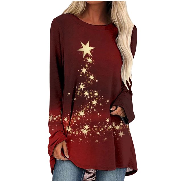 Pisexur Hauts de Noël pour Femmes T-Shirts Manches Longues T-Shirt à Imprimé des Fêtes Hauts Mode Xmas Col Rond Chandail à Enfiler Hauts Décontractés Amples Automne Hauts pour Sortir