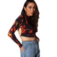 thumbnail image 1 of Opperiaya Women Long Sleeve Tops Print Halter T-shirt Midriff-baring Blouse, 1 of 4