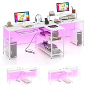 Costway 94.5" Long Office Desk 2-Person Reversible Computer Desk with LED Lights White