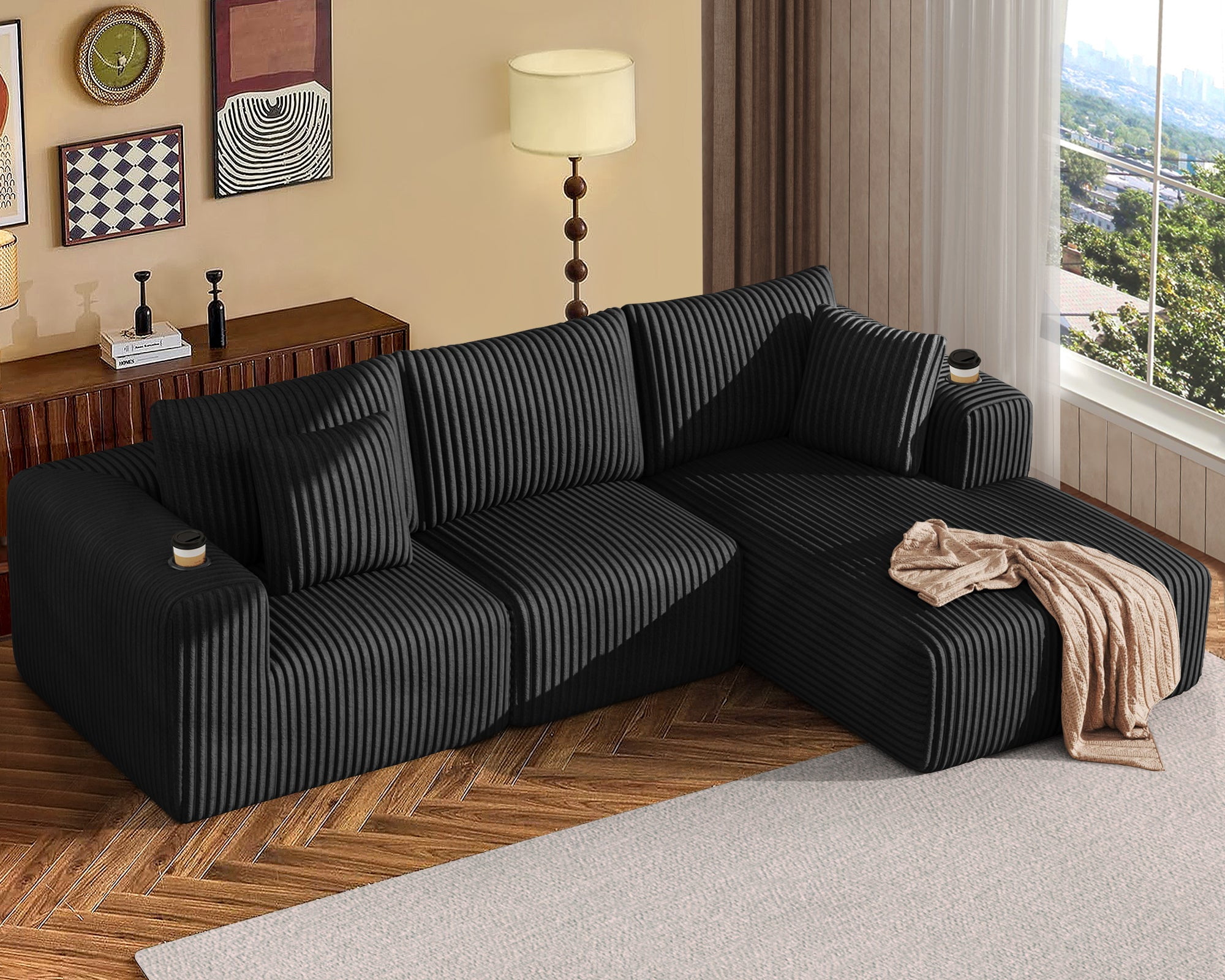 108" Cloud Sectional Couch with Chaise Lounge, L Shaped Modular Modern Sofa with Cup Holder, No Assembly Required, Left Facing Chaise, Black