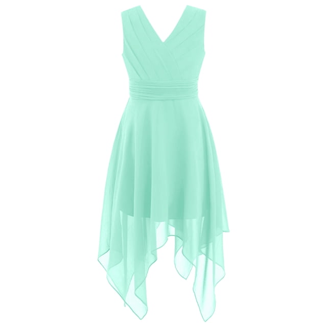 YONGHS Robe en Mousseline pour Filles, Col en V, Sans Manches, Ourlet Asymétrique, Taille Plissée, Robe de Demoiselle d'Honneur pour Fête, Vert Menthe 12