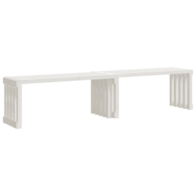 vidaXL Patio Bench Extendable Garden Bench Outdoor Seating Solid Wood Pine in white. This outdoor bench features an extendable design, allowing its length to adjust from 44.5 inches to 83.7 inches. Made of solid pine wood, it showcases a rustic look with a straight grain and natural knots. The bench measures 15.9 inches in depth and 17.7 inches in height, with a maximum load capacity of 242.5 lbs. Suitable for gardens, patios, terraces, and other outdoor spaces. Assembly required.