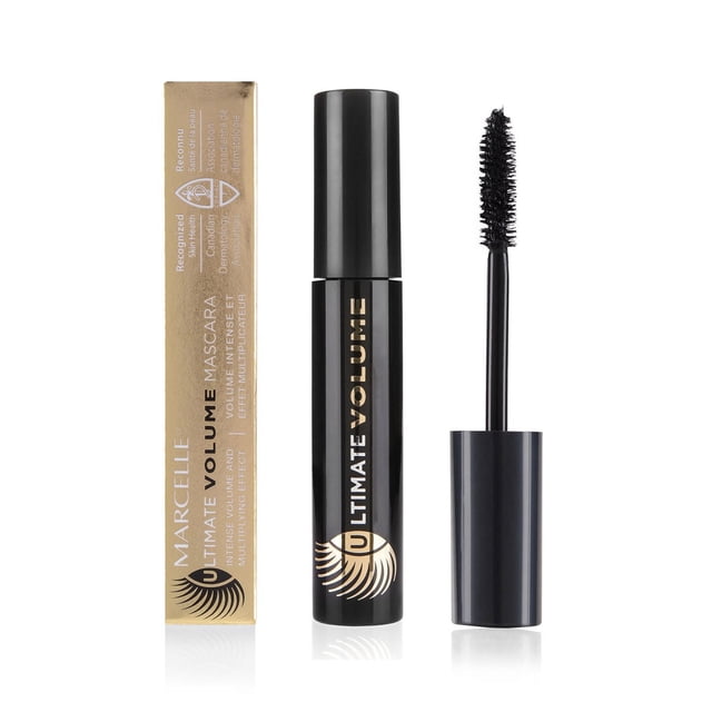 Marcelle Ultimate Volume Mascara in black tube with gold lettering and matching gold box, featuring a unique brush with 300 bristles for intense volume and multiplying effect; light, buildable formula suitable for sensitive eyes and contact lens wearers.