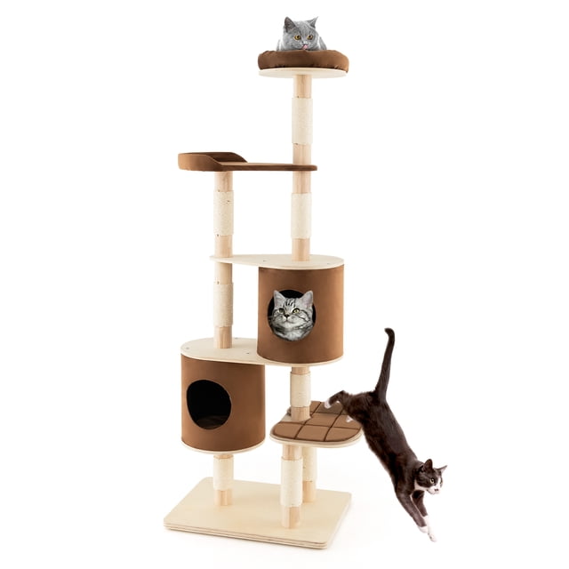 Costway 75" Multi-layer Wooden Cat Tree Indoor Tower Activity Play Center with 2 Condos. A 6-tier cat furniture piece featuring rubber wood pillars, a large base for stability, and sisal scratching posts. Includes two brown condos with removable covers, two wide platforms with velvet mats, and a padded perch at the top for observing or napping. Suitable for 3-5 cats, with anti-slip foot pads to protect floors.