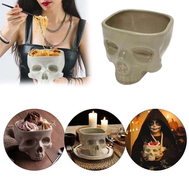 Oleegame 1PC Stainless Steel Cutlery Set Ceramic Human Bowl Halloween Spaghetti Bowl Portable Food Bowl Gothic Tabletop Decorations For Everyday Use And Halloween Parties Beige
