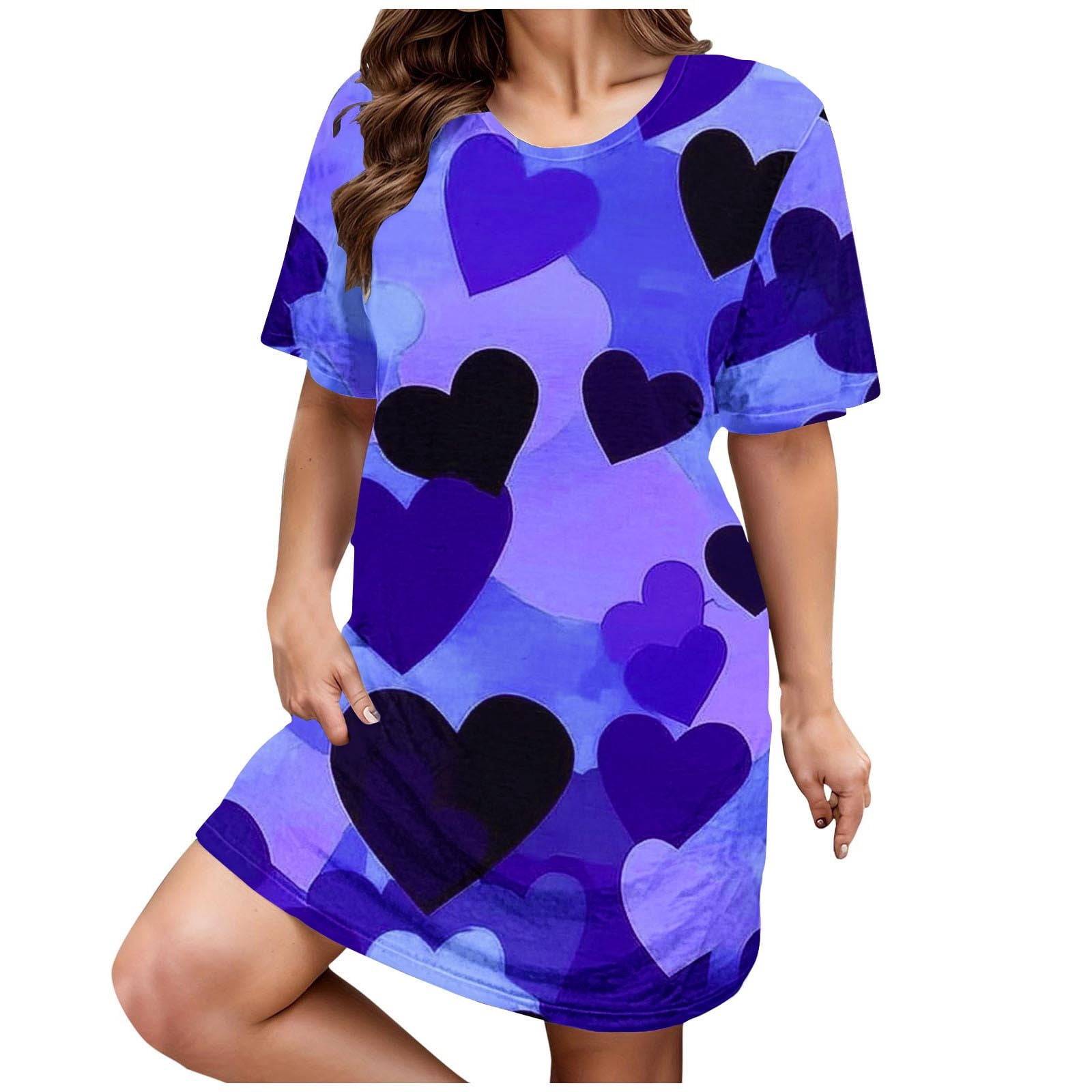 Kelon Nuisettes et Chemises de Nuit pour Femmes Grande Taille Robe de Nuit Décontractée pour Femmes Grande Taille Imprimé Cœur Manches Courtes Col Rond Extensibilité Moyenne Nuisette Ample Robe de Nuit de la Saint-Valentin