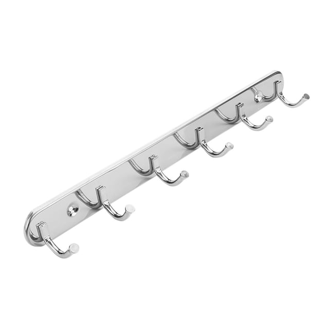 DPTALR Wall Mount Hook Rack Stainless Steel Coat Rack Coat Hooks with 6 Hanger Hooks. A sleek silver wall-mounted rack made of stainless steel, featuring six evenly spaced hooks for hanging items like coats, hats, scarves, or keys. The durable and moisture-resistant design is compatible with modern home decor and suitable for use in bathrooms, garages, or behind doors. Measures approximately 37.2 x 3.5 cm.