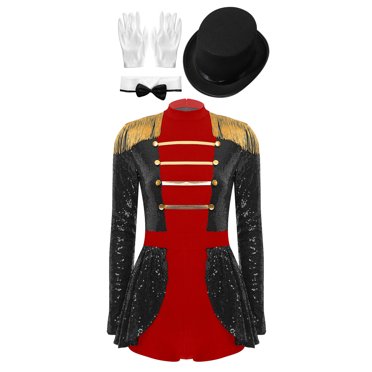YiZYiF Women Halloween Ring Master Costume Long Sleeve Magician Dress Leotard Sequins Circus Outfit Black XXL