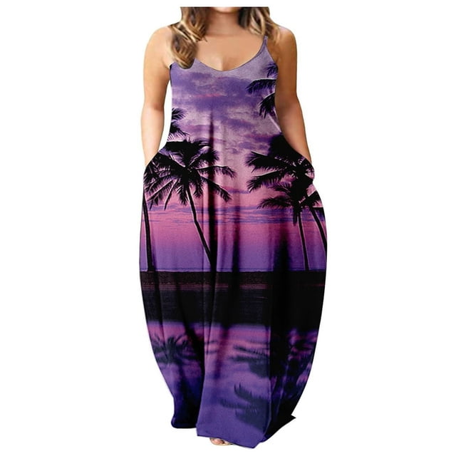 Robe Longue d'Été pour Femme à Col Rond, Imprimée, Sans Manches, Grande Taille, à Enfiler, à Bretelles Spaghetti, Longue Robe Maxi avec Poches