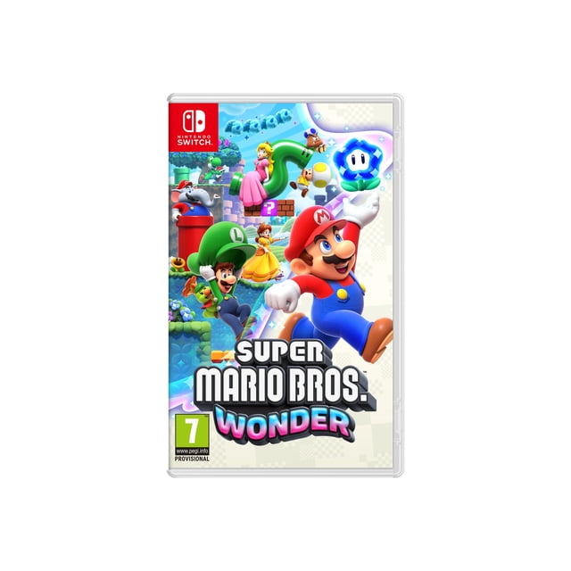 Super Mario Bros. Wonder – Nintendo Switch game cover showcasing Mario, Luigi, Peach, Daisy, and other characters in the Flower Kingdom. The artwork emphasizes side-scrolling gameplay, Wonder Flowers, pipes coming alive, and other game-changing effects.
