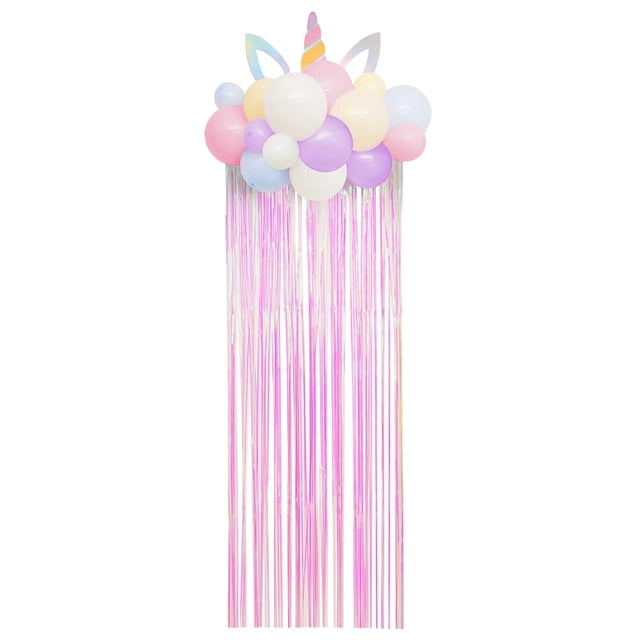 Unicorn Door Fringe with pastel pink, purple, blue, yellow, and white latex balloons arranged with unicorn ears and a striped horn above long pink metallic streamers, ideal for party decorations and celebrations.