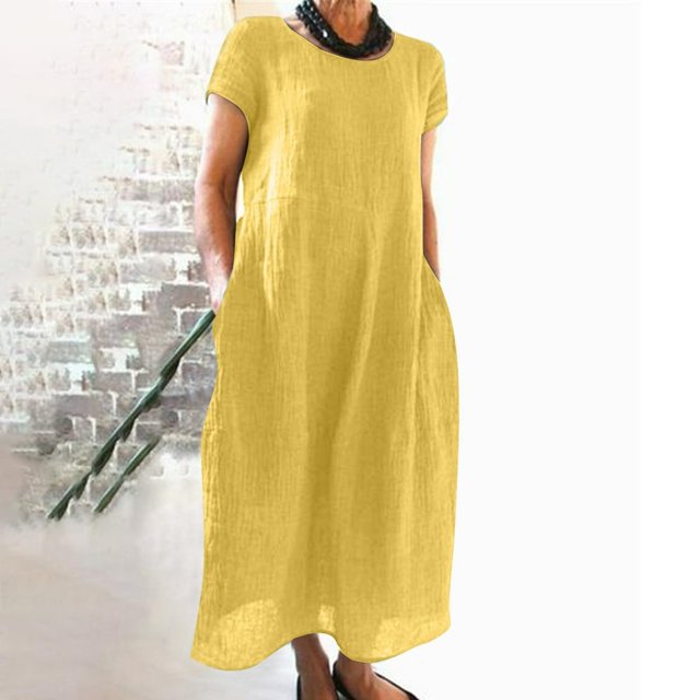 Robe Midi Décontractée à Manches Courtes et Manches Courtes pour Femme avec Poches