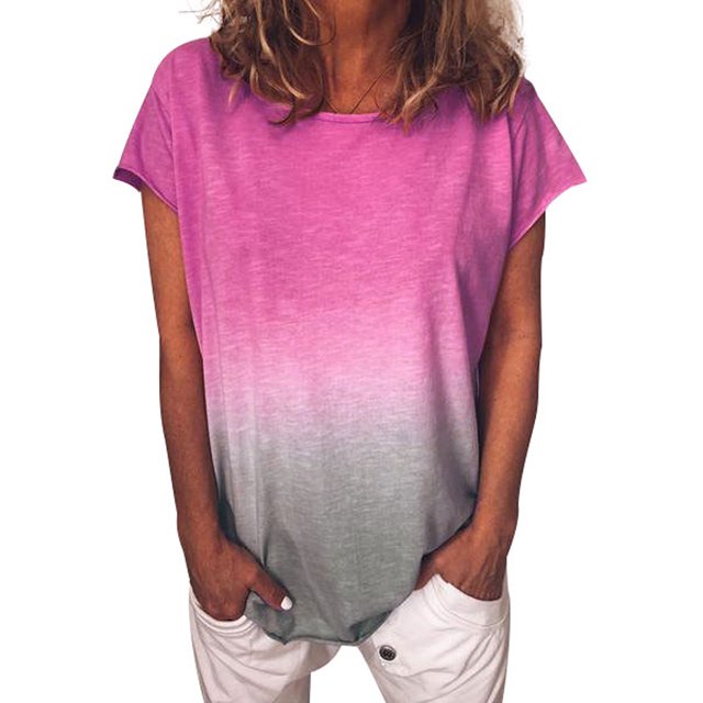 MAWCLOS Ladies Tops Gradient Color Tee Short Sleeve T Shirt Casual Summer Crew Neck Tunic Rose Red XXL