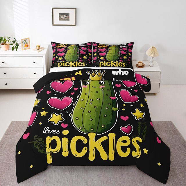 Pickle Comforter Set Twin Size,Cartoon Vegetable Printed Bedding Sets Cute Cucumber Pattern Bedding Comforter Sets for Pickle Lovers Down Comforter Cute Pickle Print Duvet Set
