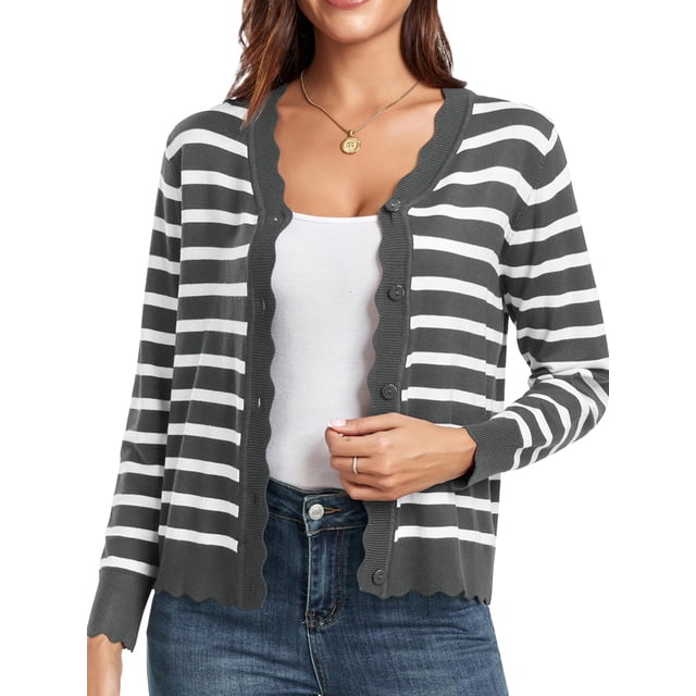 Women Cardigan Sweaters Long Sleeve Casual Light-Weight Button Down V-Neck Fall Sweater Grey Stripes M