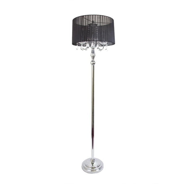 Elegant Designs Lampe sur Pied Tendance Romantique à Abat-Jour Transparent avec Cristaux Suspendus, Dotée d'Une base et d'Un Support en Métal Chromé, Abat-Jour Tambour Plissé Noir de 16,5 Pouces de Diamètre, et Gouttes de Cristal Transparent sous l'Abat-Jour, Convient à l'Éclairage Décoratif dans les Chambres, les Salons Ou les Bureaux.