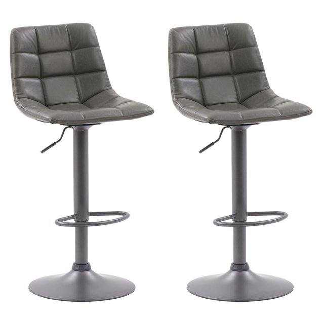 Set of two CorLiving Palmer Square grey tufted indoor barstools with curved seats, adjustable height, and round metal bases.
