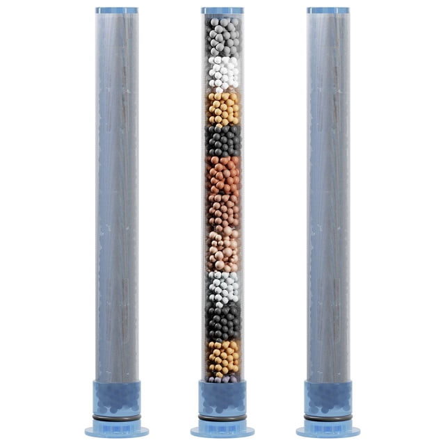 KAIYING 3 Pack Shower Head Filter Replacement Cartridge featuring a 12-stage filtration system with KDF balls, calcium sulfite, ceramic media, and zeolite. The transparent design allows visual monitoring of filter media changes. These cartridges effectively reduce chlorine, heavy metals, impurities, and odors while enriching water with beneficial elements. Compatible exclusively with KAIYING filtered handheld shower heads. Includes three refill cartridges for easy replacement.