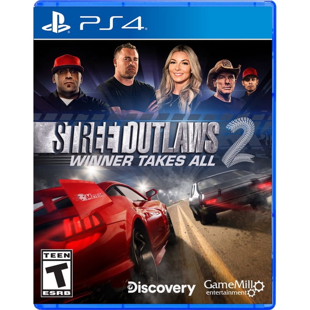 Street Outlaws 2 Winner Takes All (PS4) game cover featuring a red Meteor drag racing car and a black muscle car racing side by side on a night street, with five characters above the metallic title text, emphasizing intense street racing action.