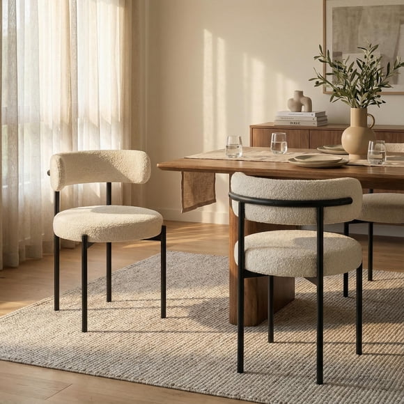 Meli Dining Chair Set of 4, Modern Boucle Upholstered Chairs with Curved Backrest, Metal Legs, Living Room Furniture, Round Seat Design Kitchen Chairs