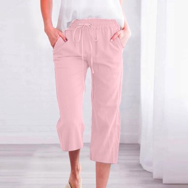 Meichang Womens Plus Size Capris Summer Cotton Linen Pants Casual Loose Wide Leg Capri Pants Trendy Elastic Waist Cropped Trousers with Pockets