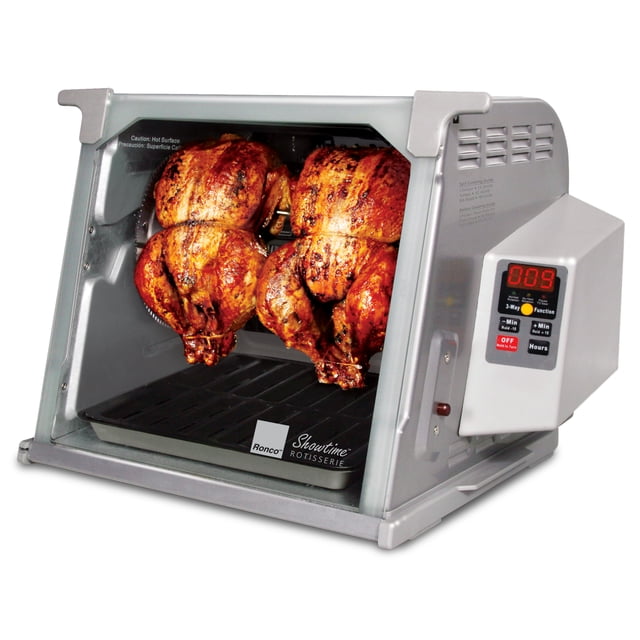 Ronco Rotisserie Four Numérique au design Numérique Platine avec une Grande Capacité de 15 Livres, Montrant Rôtir Deux Poulets Entiers. le Four de Comptoir Présente un Affichage Numérique avec Trois Fonctions de Cuisson, une Minuterie Réglable et un Arrêt Automatique. Comprend un Panier Polyvalent pour une Cuisson Polyvalente des Viandes, des Légumes et Plus. le design Compact s'Insère sous les Armoires pour un Rangement Facile.
