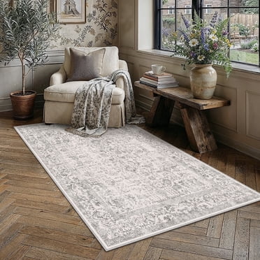 BERTHMEER 3'x5' Small Washable Gray Area Rugs for Bedroom Entryway Dorm Entrance Bathroom Rugs Non Slip Vintage Traditional Oriental Distressed Throw Rugs