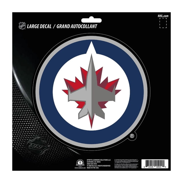 NHL - Winnipeg Jets Large Decal 8” x 8” showing a die-cut vinyl decal of the Winnipeg Jets logo with a grey fighter jet silhouette over a red maple leaf inside a white circle, bordered by navy blue and grey rings, UV resistant and ideal for cars, coolers, and other hard surfaces.