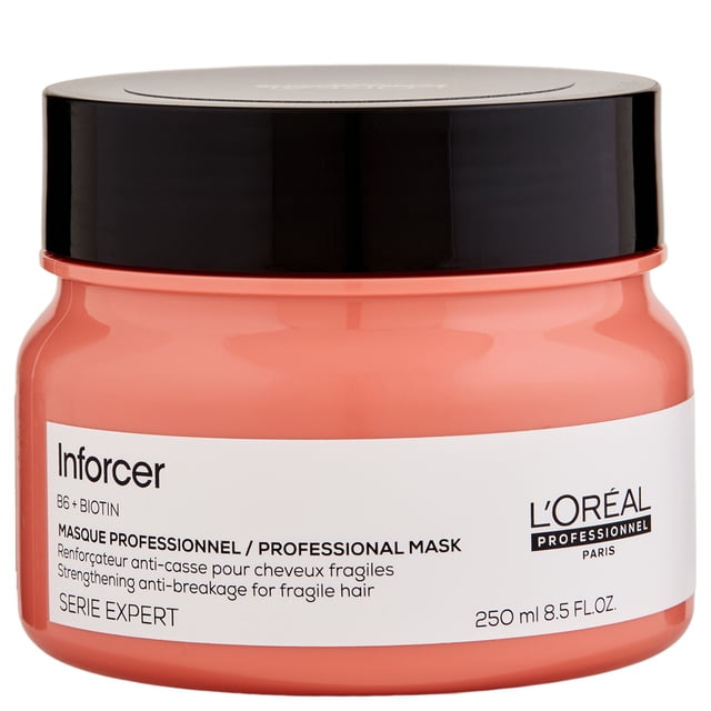 L'Oreal Professionnel Serie Expert Inforcer Masque hair mask, 8.4 fl oz (250 ml), displayed in a coral-colored jar with a black lid. The label emphasizes its strengthening anti-breakage formula with Biotin and Vitamin B6, ideal for fragile hair.