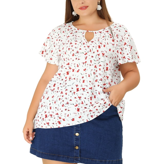 GRACE & GRANDEUR Women's Plus Size Keyhole Neck Flared Short Sleeves Floral Chiffon Shirt Blouses 2X White Red