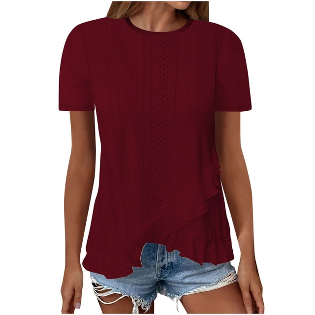 Timegard Summer Tops for Women Drop Shoulder Crewneck Ruffle IrregularlyEyelet Comfy Casual Tee Shirts