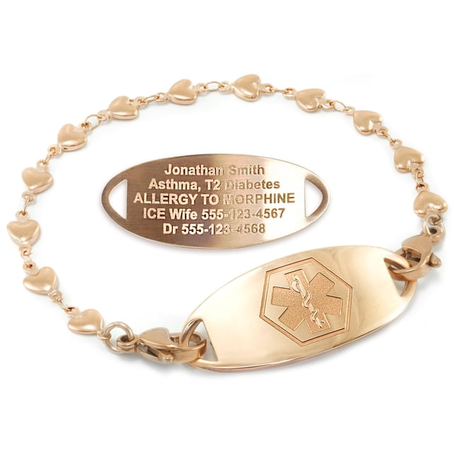 MedicEngraved Rose Gold Stainless Steel Custom Medical Alert Bracelet - 5mm Heart Link