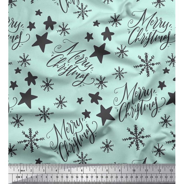 Soimoi Green Modal Satin Fabric Star & Snowflakes Text Fabric Prints By Yard 42 Inch Wide