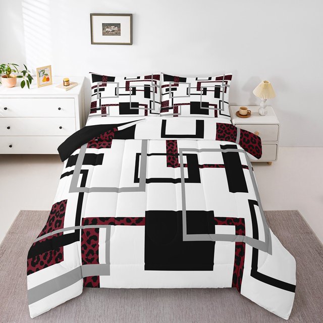 YST Couette Rayée pour Garçons, Literie Imprimée Léopard Abstrait, Ensembles de Literie à Lignes Modernes, Courtepointe Réversible Géométrique Noire avec 2 Taies d'Oreiller Légère, Double
