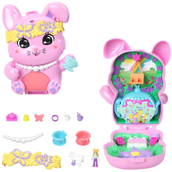 Polly Pocket Tea Party Bunny Compact Playset with 1 Micro Doll and Pet Bunnies, Travel Toy with Styling Accessories