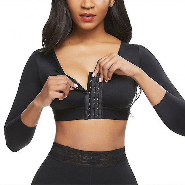 Womens Shapewear 3/4 Sleeve Arm Shaper Front Closure Compression Bra Post Surgery Posture Corrector Tank Top in black, designed for post-surgery recovery and everyday use. Features hook and eye front closure, 3/4 sleeves for arm compression, and X-type back support for posture correction. Made of 70% nylon and 30% spandex for elasticity and comfort.