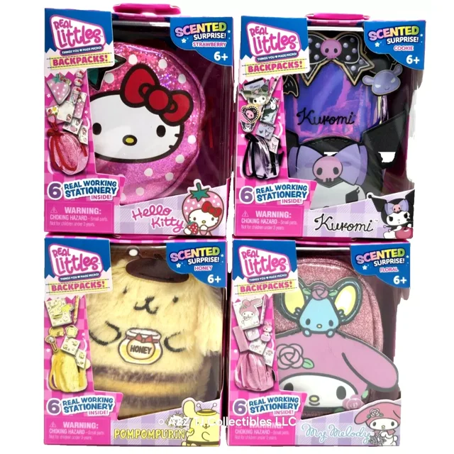 Real Littles Scented Hello Kitty Backpacks set includes four mini backpacks in packaging, each with 6 real working stationery items. Features pink glitter Hello Kitty backpack scented strawberry, purple Kuromi backpack scented cookie, fuzzy yellow Pompompurin backpack scented honey, and pink My Melody backpack scented floral. Recommended for children ages 6 and up.
