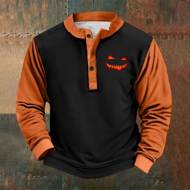 Men's Retro Halloween Quarter Button Collar Sweatshirt Haunted House Acting Essential Partially Buttoned Pullover Vintage Horror Print Last-Minute Halloween Party