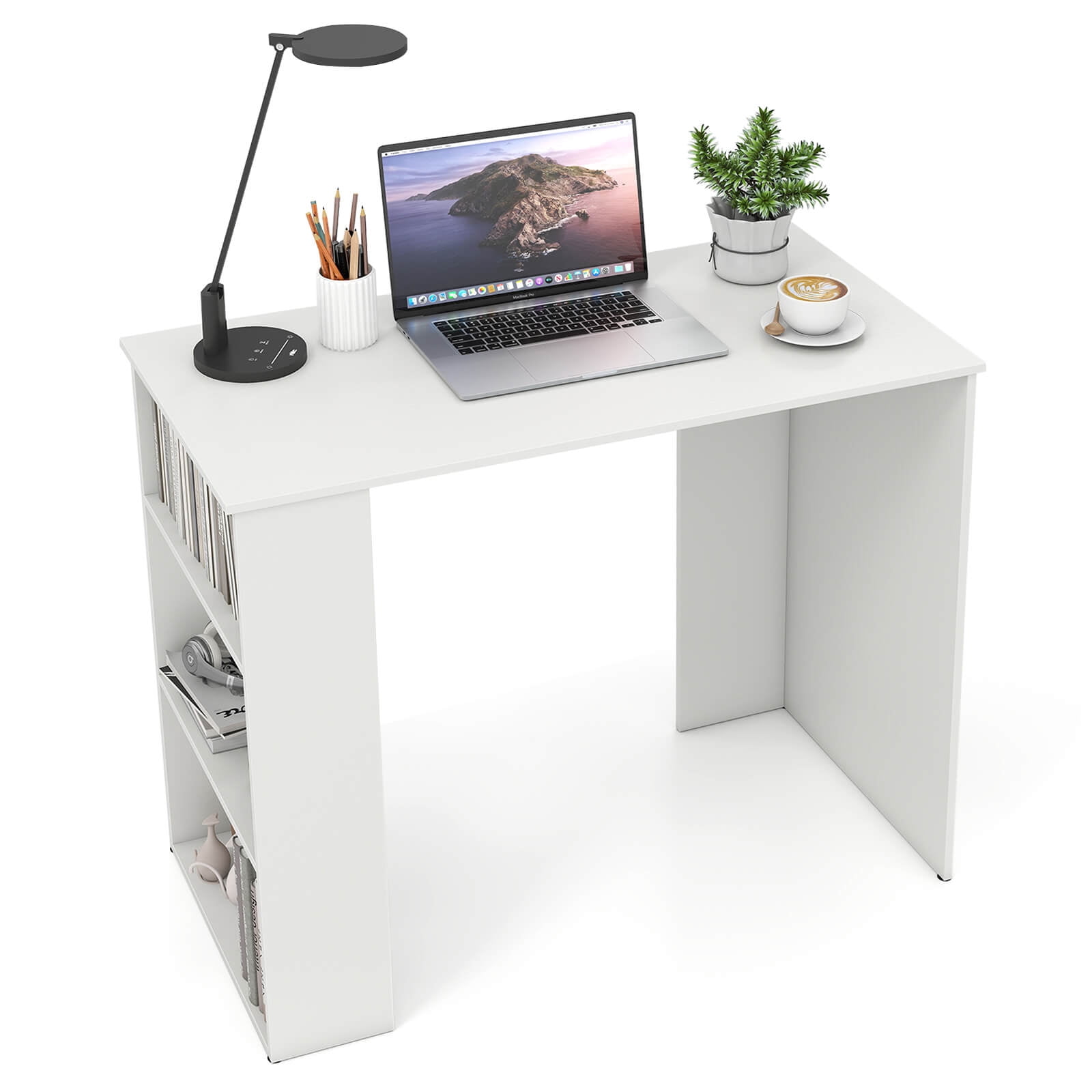 Costway 35.5" Compact PC Laptop Desk Modern Style Office Study Desk with Side Storage Shelf White
