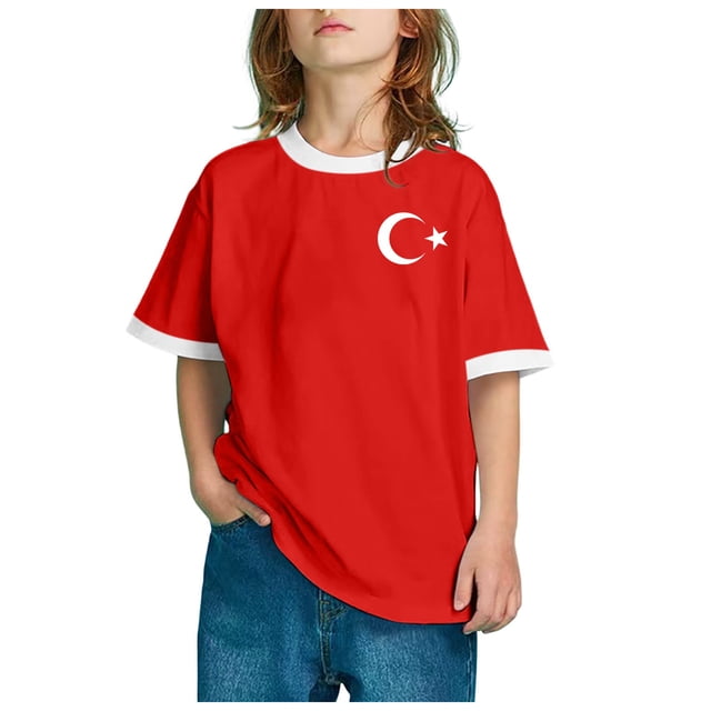 PMVFHDE T-Shirts à Manches Courtes pour Garçon Enfants Drapeau de la Turquie Imprimé T-Shirt à Manches Courtes Col Rond Tendance Mode Chandail de Base Hauts Rouge Brique,12-13 Ans