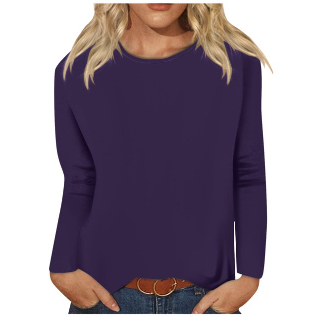 Timegard Womens Tops Long Sleeve Round Neck Solid Color Basic Tee Fall Casual Comfy Loose Tops Blouse