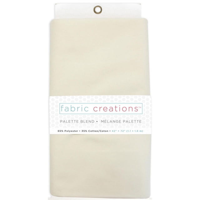 Fabric Creations Polycotton 65/35 pre-cut fabric in beige, folded with a white label showing brand and fabric details, measuring 42 by 72 inches (1.1 by 1.8 meters), made of 65% polyester and 35% cotton, suitable for quilting, garment stitching, and home décor projects.