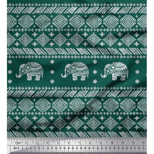 Soimoi Poly Georgette Fabric Aztec & Tribal Elephant Animal Printed Fabric 1 Yard 42 Inch Wide